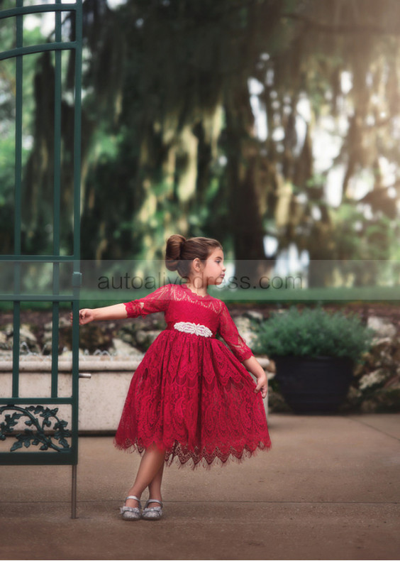 Vintage Lace Beaded Belt Flower Girl Dress